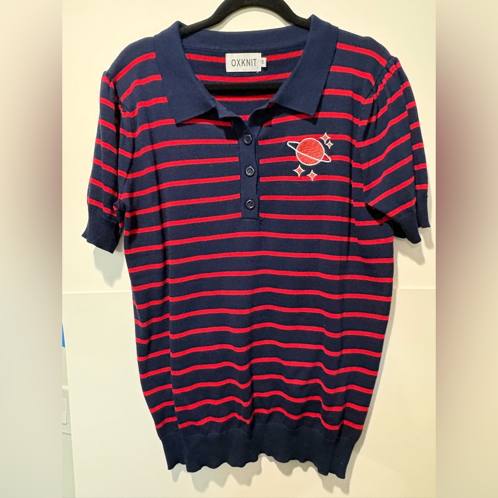 NWOT OXKNIT Navy and Red Striped Polo Shirt